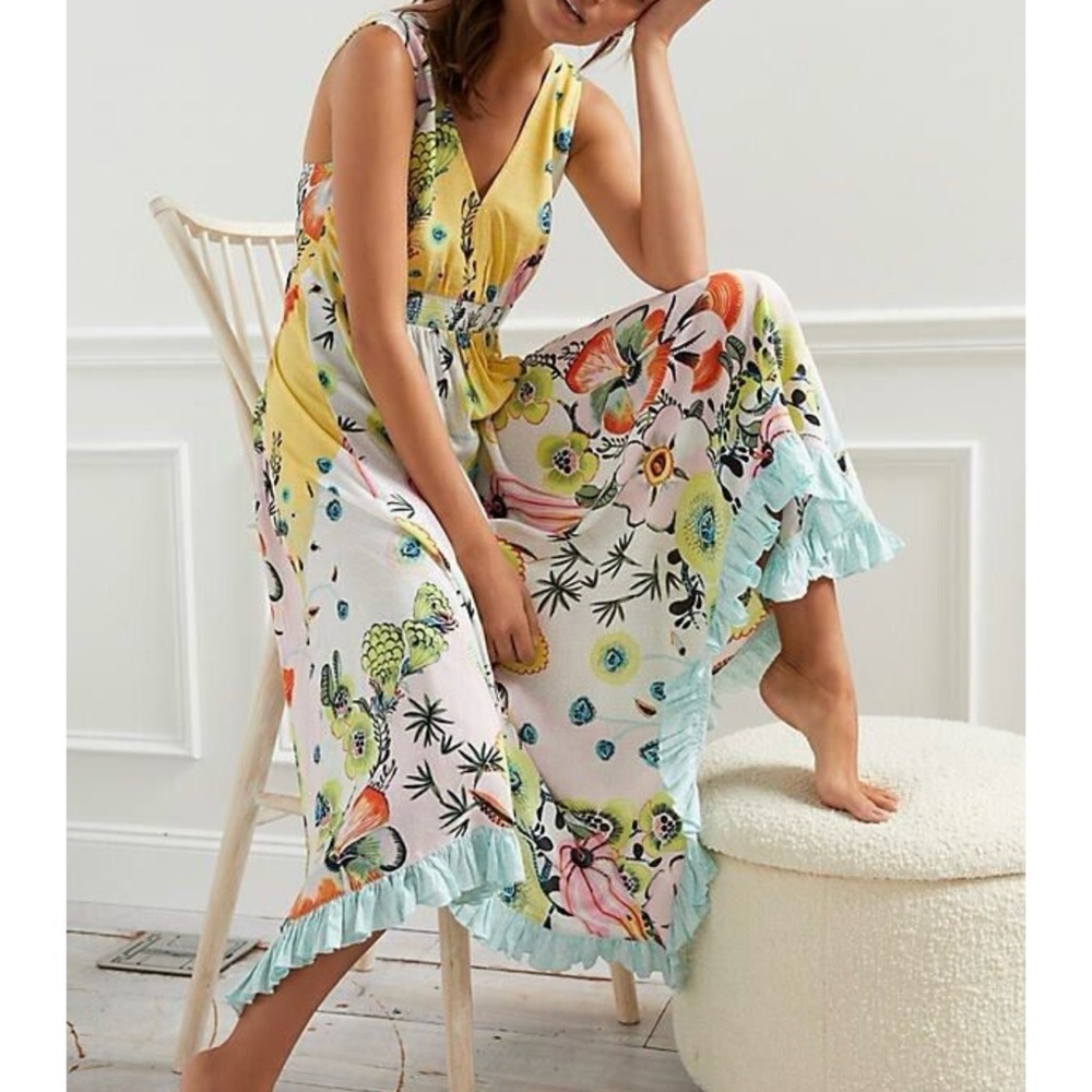 Anthropologie Floral Patchwork Maxi Dress in Yellow, Pink, Green, Blue